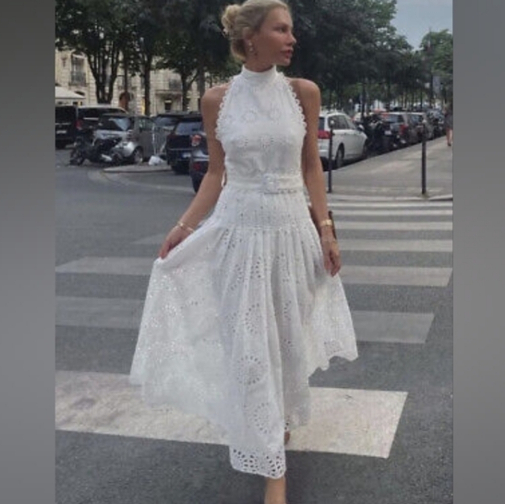 ZARA Openwork Embroidered Midi Dress ZW COLLECTION oyster white Nwt - Picture 8 of 16